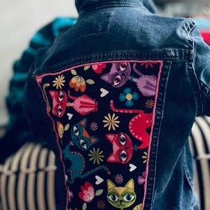 Ralph Lauren Kids Jean Jacket, Upcycled Recycled, Kitty Cat Fabric, Size 7